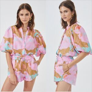 Lanhtropy Linen Elastic Shorts Aquarela Size Medium Drawstring Pockets High Rise